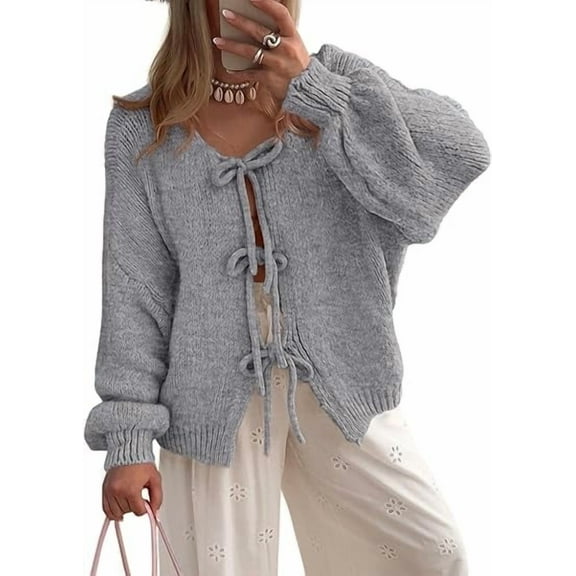 PRETTYGARDEN Women's Tie Front Bow Cardigan Sweaters Chunky Knit Long Puff Sleeve Trendy Fall Winter Jacket Coats