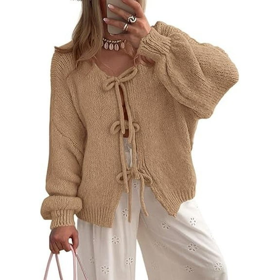 PRETTYGARDEN Women's Tie Front Bow Cardigan Sweaters Chunky Knit Long Puff Sleeve Trendy Fall Winter Jacket Coats