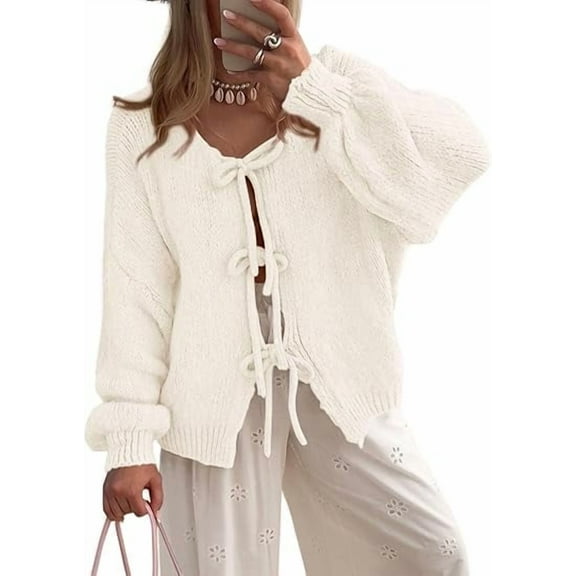 PRETTYGARDEN Women's Tie Front Bow Cardigan Sweaters Chunky Knit Long Puff Sleeve Trendy Fall Winter Jacket Coats