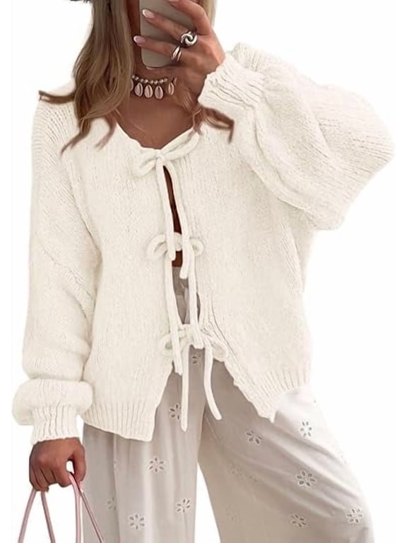 Women's Tie Front Bow Cardigan Sweaters Chunky Knit Long Puff Sleeve Trendy Fall Winter Jacket Coats
