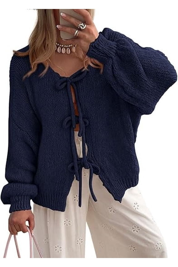 Women's Tie Front Bow Cardigan Sweaters Chunky Knit Long Puff Sleeve Trendy Fall Winter Jacket Coats