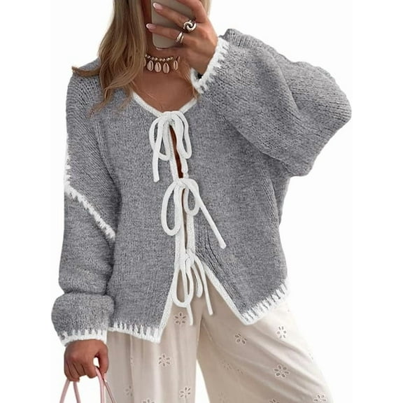 PRETTYGARDEN Women's Tie Front Bow Cardigan Sweaters Chunky Knit Long Puff Sleeve Trendy Fall Winter Jacket Coats