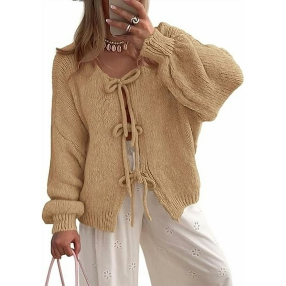 PRETTYGARDEN Women's Tie Front Bow Cardigan Sweaters Chunky Knit Long Puff Sleeve Trendy Fall Winter Jacket Coats