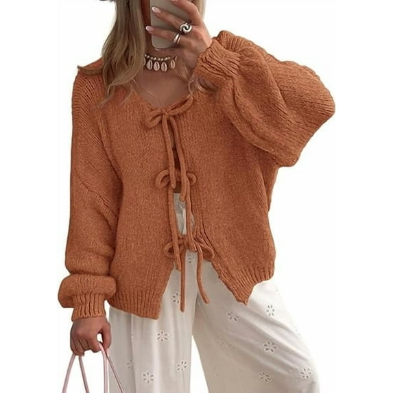 PRETTYGARDEN Women's Tie Front Bow Cardigan Sweaters Chunky Knit Long Puff Sleeve Trendy Fall Winter Jacket Coats