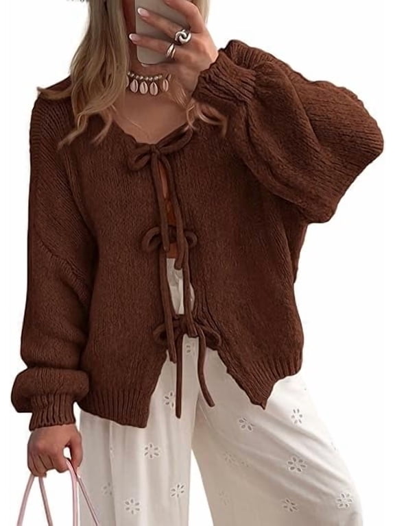 Women's Tie Front Bow Cardigan Sweaters Chunky Knit Long Puff Sleeve Trendy Fall Winter Jacket Coats