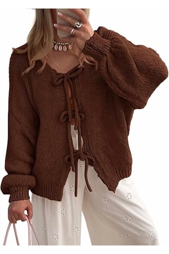 Women's Tie Front Bow Cardigan Sweaters Chunky Knit Long Puff Sleeve Trendy Fall Winter Jacket Coats