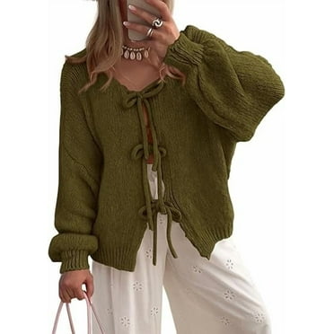 PRETTYGARDEN Women's Tie Front Bow Cardigan Sweaters Chunky Knit Long Puff Sleeve Trendy Fall Winter Jacket Coats