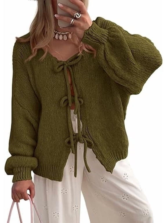 Women's Tie Front Bow Cardigan Sweaters Chunky Knit Long Puff Sleeve Trendy Fall Winter Jacket Coats