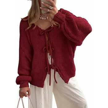 PRETTYGARDEN Women's Tie Front Bow Cardigan Sweaters Chunky Knit Long Puff Sleeve Trendy Fall Winter Jacket Coats