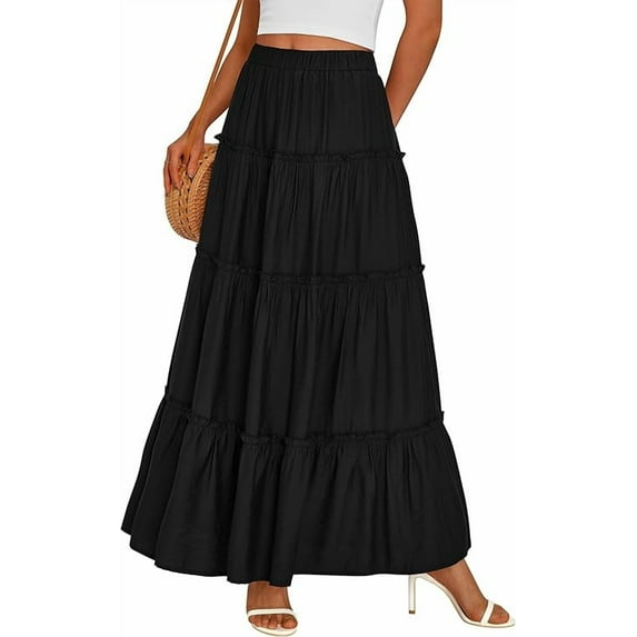 PRETTYGARDEN Women's Tiered Maxi Skirt Summer Spring Fashion High Waisted Long Flowy Casual Boho Beach Vacation Clothes