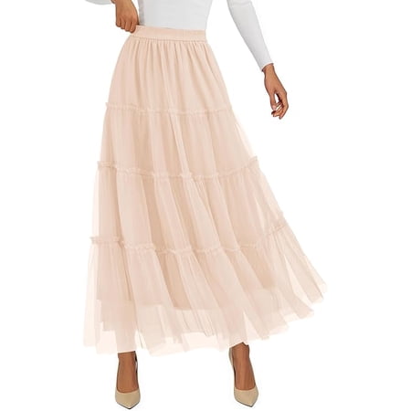 PRETTYGARDEN Women's Tulle Skirt Summer Flowy High Waisted A-Line Cute Fall Fairy Layered Mesh Maxi Long Skirts