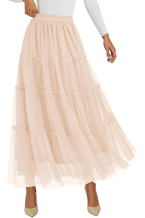 Women's Tulle Skirt Summer Flowy High Waisted A-Line Cute Fall Fairy Layered Mesh Maxi Long Skirts