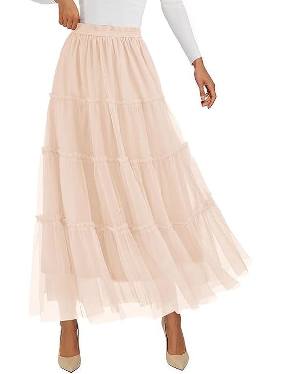 Women's Tulle Skirt Summer Flowy High Waisted A-Line Cute Fall Fairy Layered Mesh Maxi Long Skirts