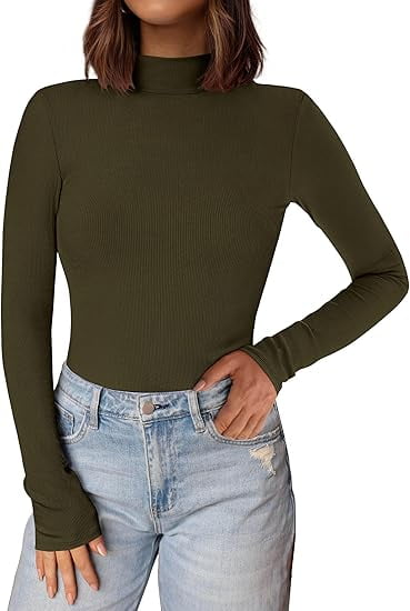 PALINDA Women's Ribbed Turtleneck Long Sleeve Shirt - Fitted Thermal Layering Top