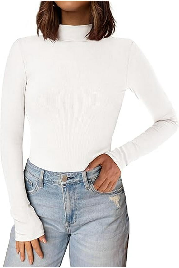 Women's Turtleneck Long Sleeve Shirts Fall Basic Thermal Underwear Tops Ribbed Fitted Layering Knit Top