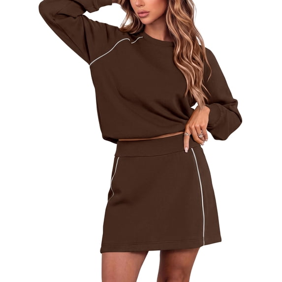 PRETTYGARDEN Women's Two Piece Airport Outfits Matching Skirt Sets Color Block Long Sleeve Top Sweatshirt, Mini Short Skirts, Elastic Waist Skorts Pocket, 2pc Workout Set, Fall Fashion Clothes