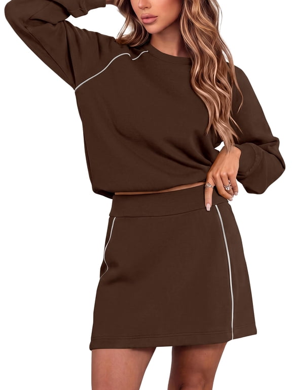 Women's Two Piece Airport Outfits Matching Skirt Sets Color Block Long Sleeve Top Sweatshirt, Mini Short Skirts, Elastic Waist Skorts Pocket, 2pc Workout Set, Fall Fashion Clothes