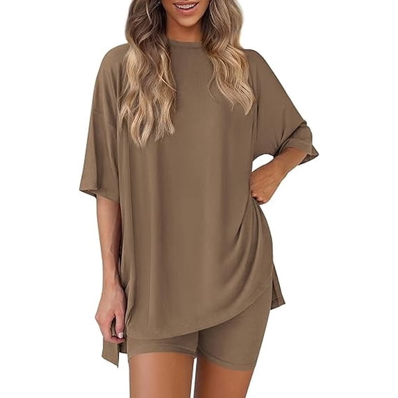 PRETTYGARDEN Women's Two Piece Lounge Set Summer Casual Oversized Shirts Biker Shorts Matching Airport Travel Outfit