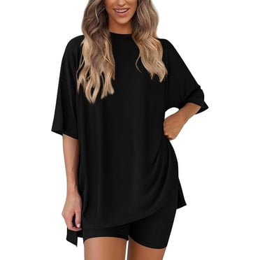 PRETTYGARDEN Women's Two Piece Lounge Set Summer Casual Oversized Shirts Biker Shorts Matching Airport Travel Outfit