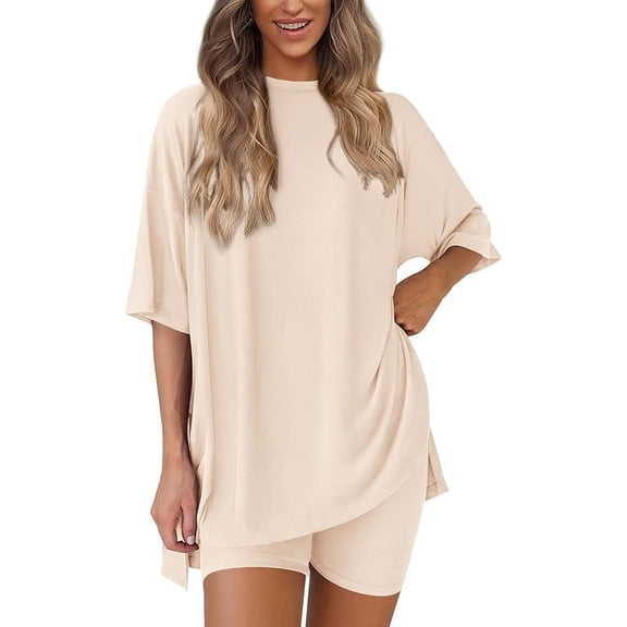 PRETTYGARDEN Women's Two Piece Lounge Set Summer Casual Oversized Shirts Biker Shorts Matching Airport Travel Outfit