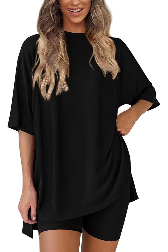 Women's Two Piece Lounge Set Summer Casual Oversized Shirts Biker Shorts Matching Airport Travel Outfit