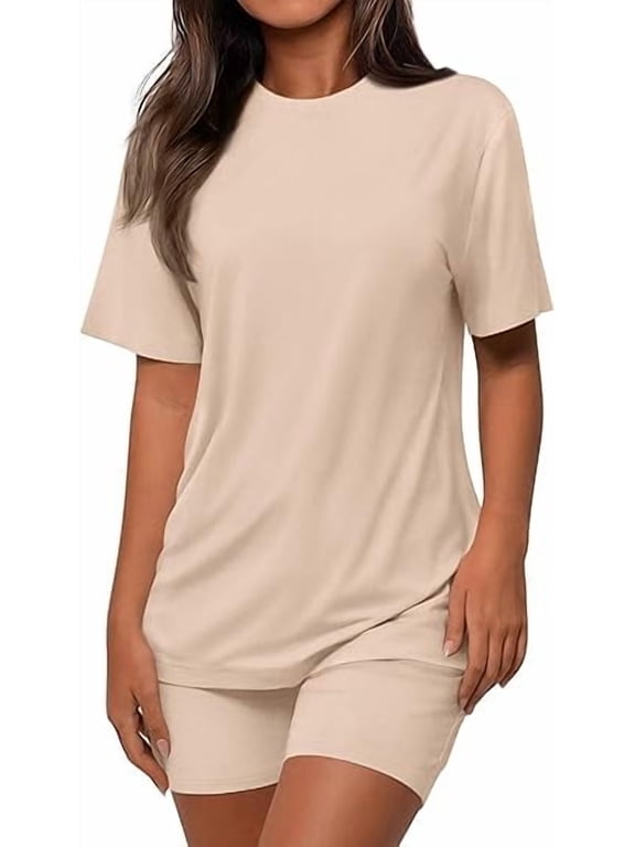 Women's Two Piece Matching Lounge Sets Summer Casual Tops Short Sleeve Shirts Shorts Travel Airport Outfits