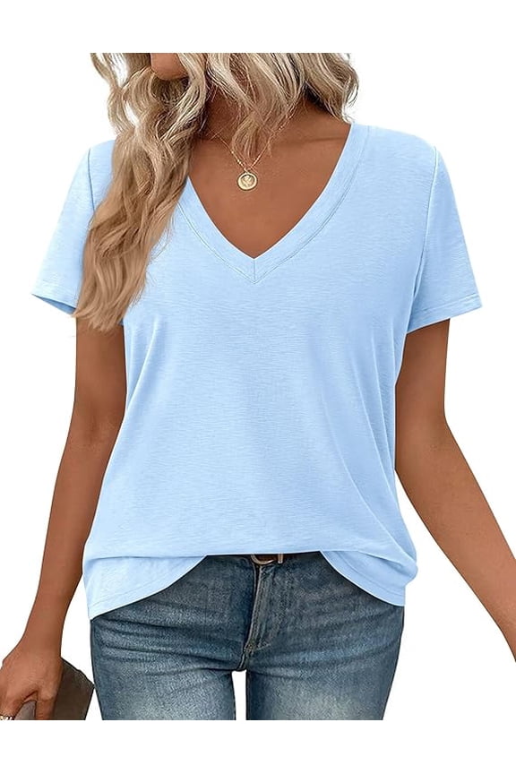 Women's V Neck T Shirts Summer Short Sleeve Spring Going Out Tops Casual Loose Fit Basic Tees Beach Clothes