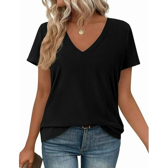 PRETTYGARDEN Women's V Neck T Shirts Summer Short Sleeve Spring Going Out Tops Casual Loose Fit Basic Tees Beach Clothes