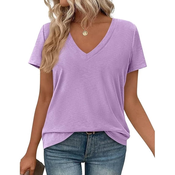 PRETTYGARDEN Women's V Neck T Shirts Summer Short Sleeve Spring Going ...