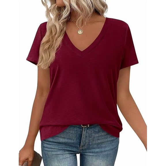 PRETTYGARDEN Women's V Neck T Shirts Summer Short Sleeve Spring Going Out Tops Casual Loose Fit Basic Tees Beach Clothes