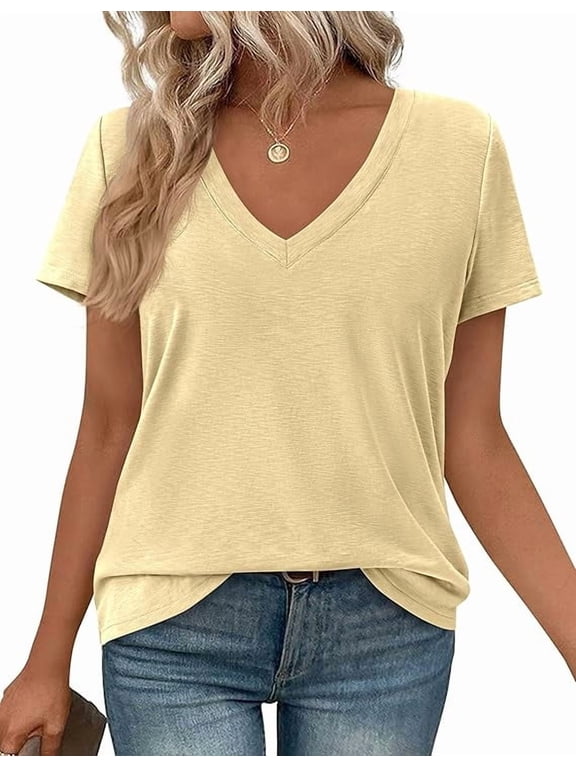 Women's V Neck T Shirts Summer Short Sleeve Spring Going Out Tops Casual Loose Fit Basic Tees Beach Clothes