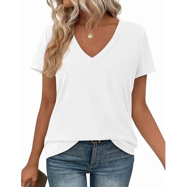 PRETTYGARDEN Women's V Neck T Shirts Summer Short Sleeve Spring Going Out Tops Casual Loose Fit Basic Tees Beach Clothes