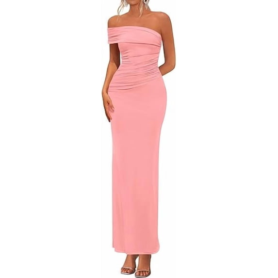 PRETTYGARDEN Women's Wedding Guest Cocktail Dresses One Off The Shoulder Ruched Bodycon Formal Maxi Party Summer Outfits