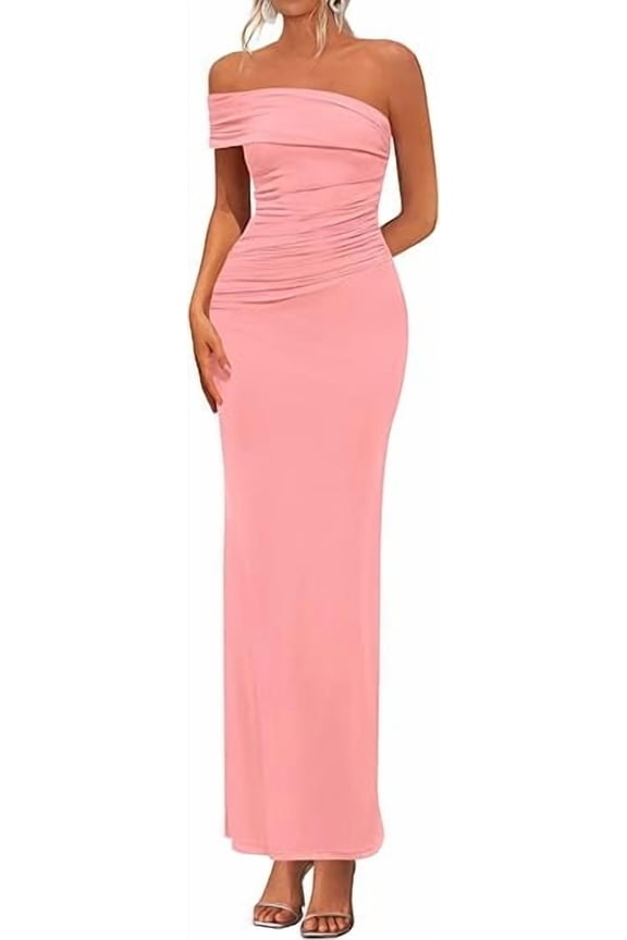 Women's Wedding Guest Cocktail Dresses One Off The Shoulder Ruched Bodycon Formal Maxi Party Summer Outfits