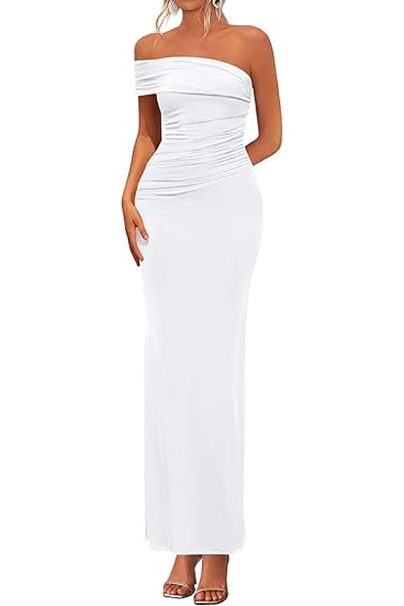 Women's Wedding Guest Cocktail Dresses One Off The Shoulder Ruched Bodycon Formal Maxi Party Summer Outfits