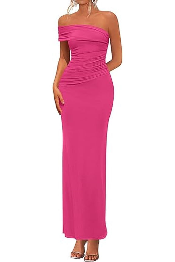 Women's Wedding Guest Cocktail Dresses One Off The Shoulder Ruched Bodycon Formal Maxi Party Summer Outfits