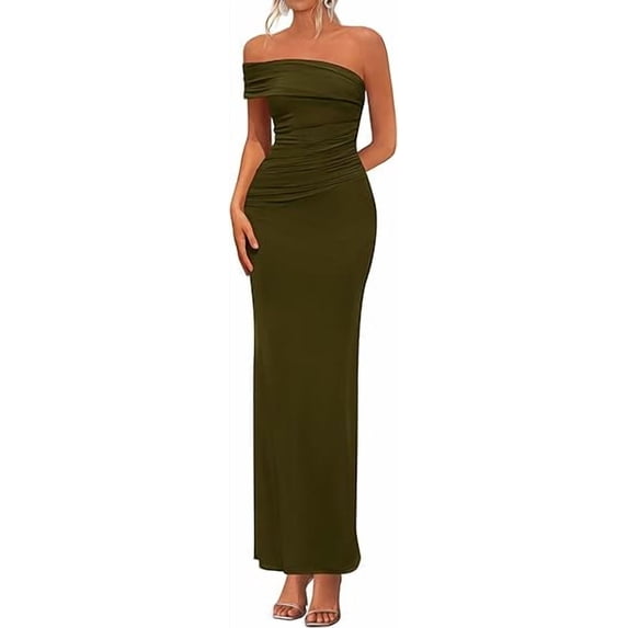 PRETTYGARDEN Women's Wedding Guest Cocktail Dresses One Off The Shoulder Ruched Bodycon Formal Maxi Party Summer Outfits