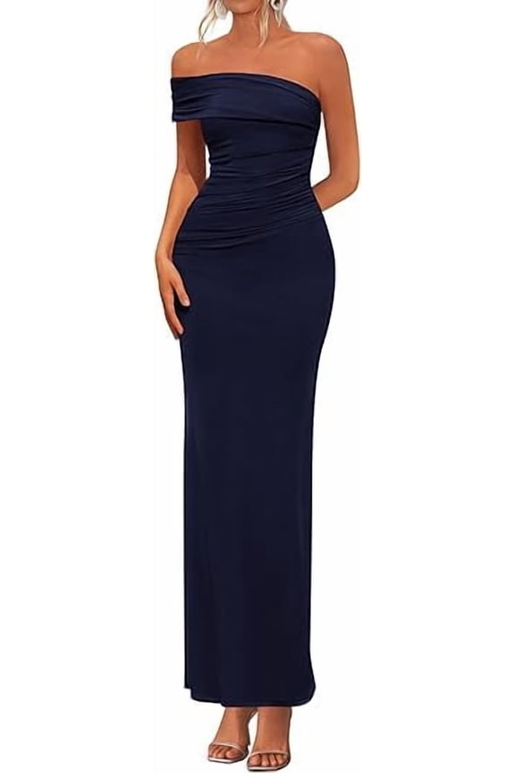Women's Wedding Guest Cocktail Dresses One Off The Shoulder Ruched Bodycon Formal Maxi Party Summer Outfits