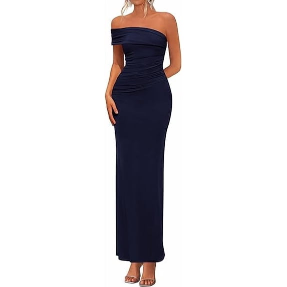 PRETTYGARDEN Women's Wedding Guest Cocktail Dresses One Off The Shoulder Ruched Bodycon Formal Maxi Party Summer Outfits