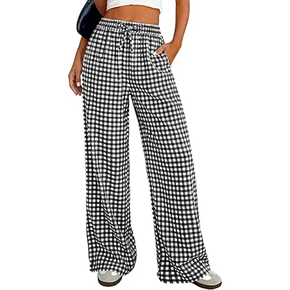 PRETTYGARDEN Women's Wide Leg Gingham Lounge Pants Summer Casual Plaid Trousers Spring Y2K Clothes Comfy Bottoms