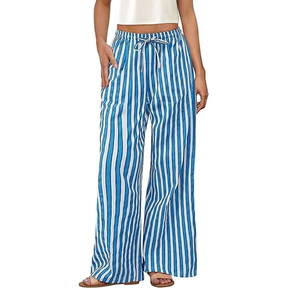 PRETTYGARDEN Women's Wide Leg Lounge Pants Summer Drawstring Elastic Waist Comfy Striped Bottoms Trendy Clothes