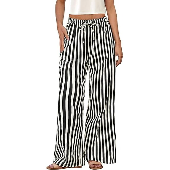 PRETTYGARDEN Women's Wide Leg Lounge Pants Summer Drawstring Elastic Waist Comfy Striped Bottoms Trendy Clothes