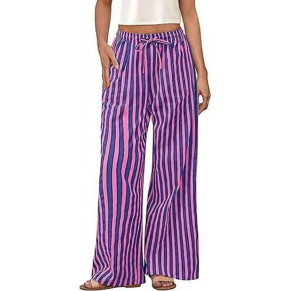 PRETTYGARDEN Women's Wide Leg Lounge Pants Summer Drawstring Elastic Waist Comfy Striped Bottoms Trendy Clothes