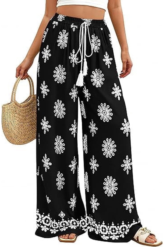 Women's Wide Leg Palazzo Pants Summer Boho Floral Trousers Spring Flowy Beach Vacation Clothes Resort Wear