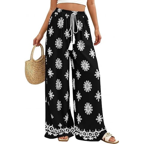 Women's Wide Leg Palazzo Pants Summer Boho Floral Trousers Spring Flowy Beach Vacation Clothes Resort Wear
