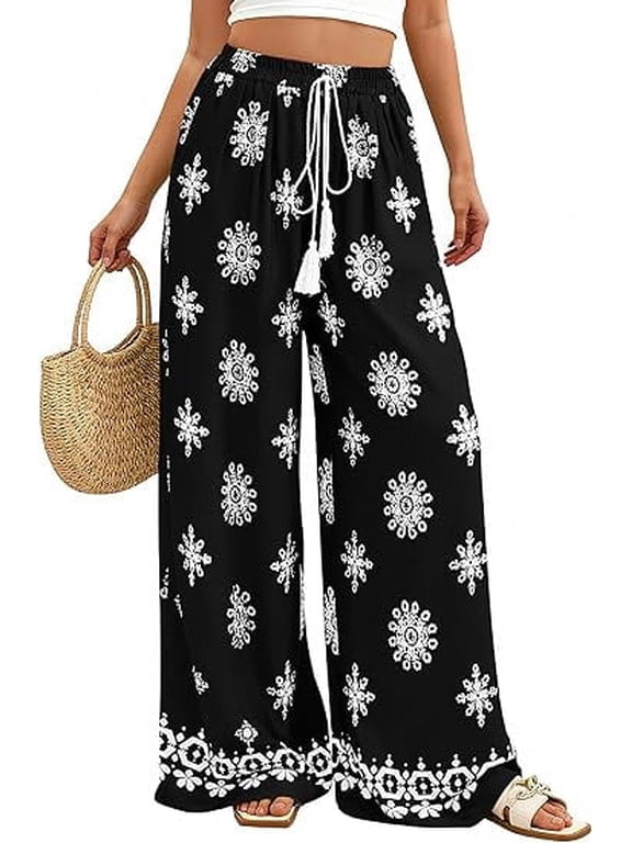 Women's Wide Leg Palazzo Pants Summer Boho Floral Trousers Spring Flowy Beach Vacation Clothes Resort Wear