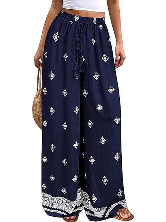 Women's Wide Leg Palazzo Pants Summer Boho Floral Trousers Spring Flowy Beach Vacation Clothes Resort Wear