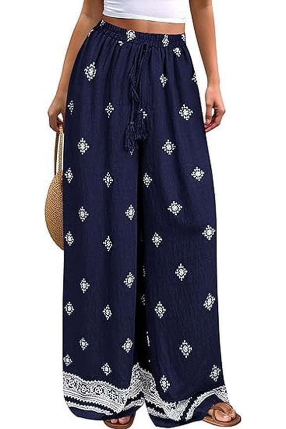 Women's Wide Leg Palazzo Pants Summer Boho Floral Trousers Spring Flowy Beach Vacation Clothes Resort Wear