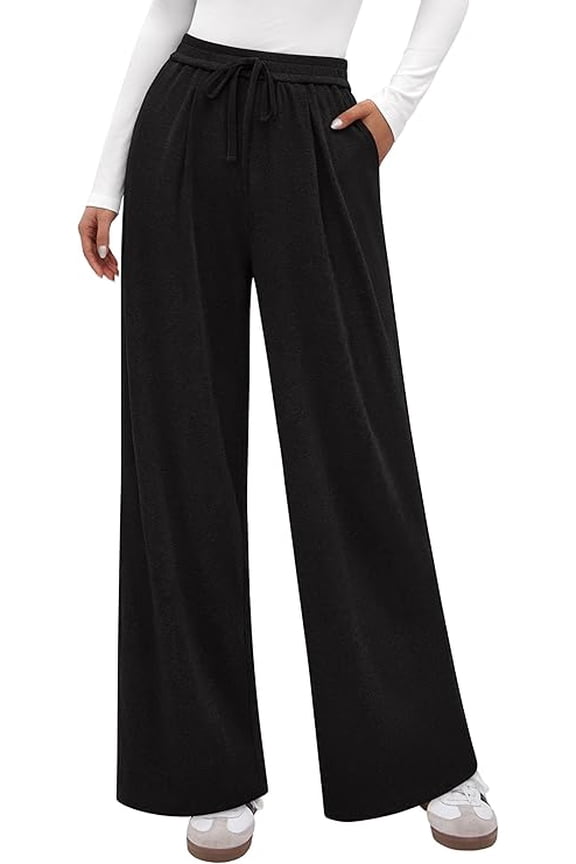 Women's Wide Leg Pants Fall Elastic High Waisted Knit Casual Lounge Palazzo Pant Trousers with Pockets