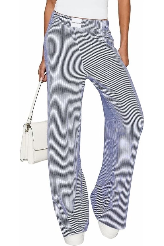 Women's Wide Leg Striped Pants Fall Casual High Waisted Baggy Palazzo Lounge Trousers Fashion Bottoms